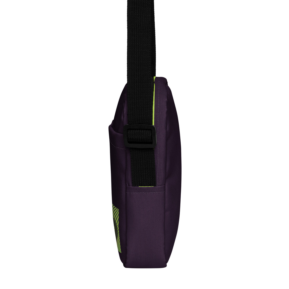 Narrow side view of the purple Velvet Detour crossbody bag showing its black adjustable strap.
