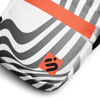 Close-up of the Wrong Turn bag's black-and-white wavy stripes, orange band, and orange monogram patch.