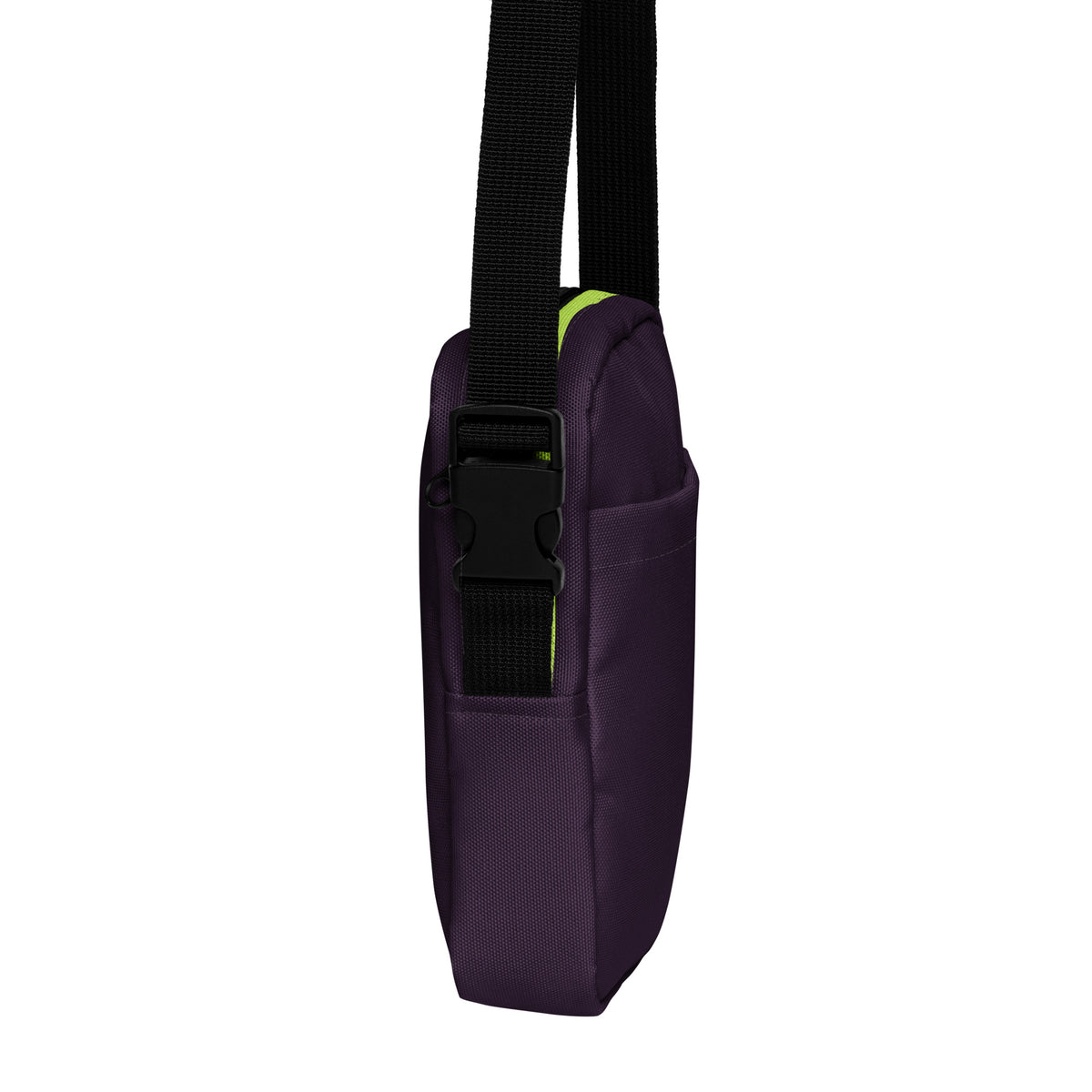 Side view of the purple Velvet Detour crossbody bag showing its black strap buckle and yellow-green zipper edge.