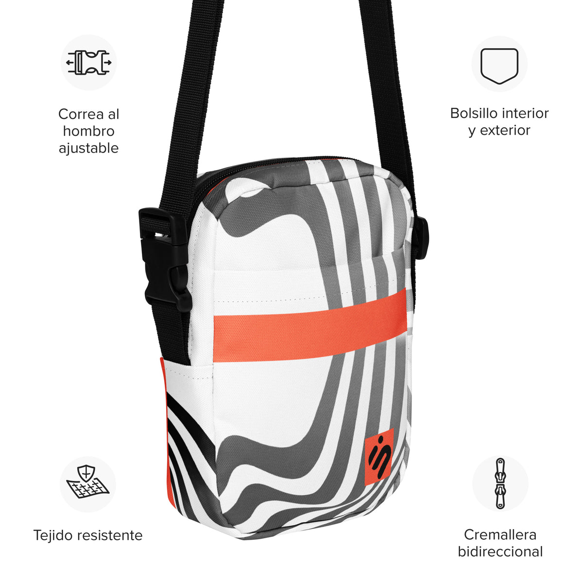 Wrong Turn patterned crossbody bag with Spanish callouts for its strap, pockets, fabric, and zipper.