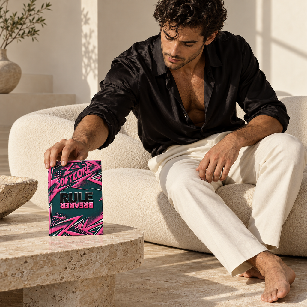 Rule Breaker matte hardcover journal in a candid black-silk fashion scene.
