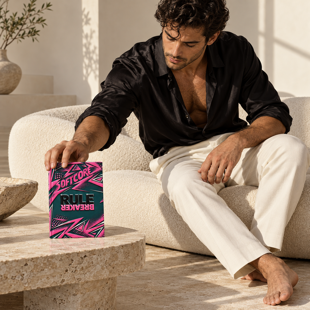 Rule Breaker matte hardcover journal in a candid black-silk fashion scene.