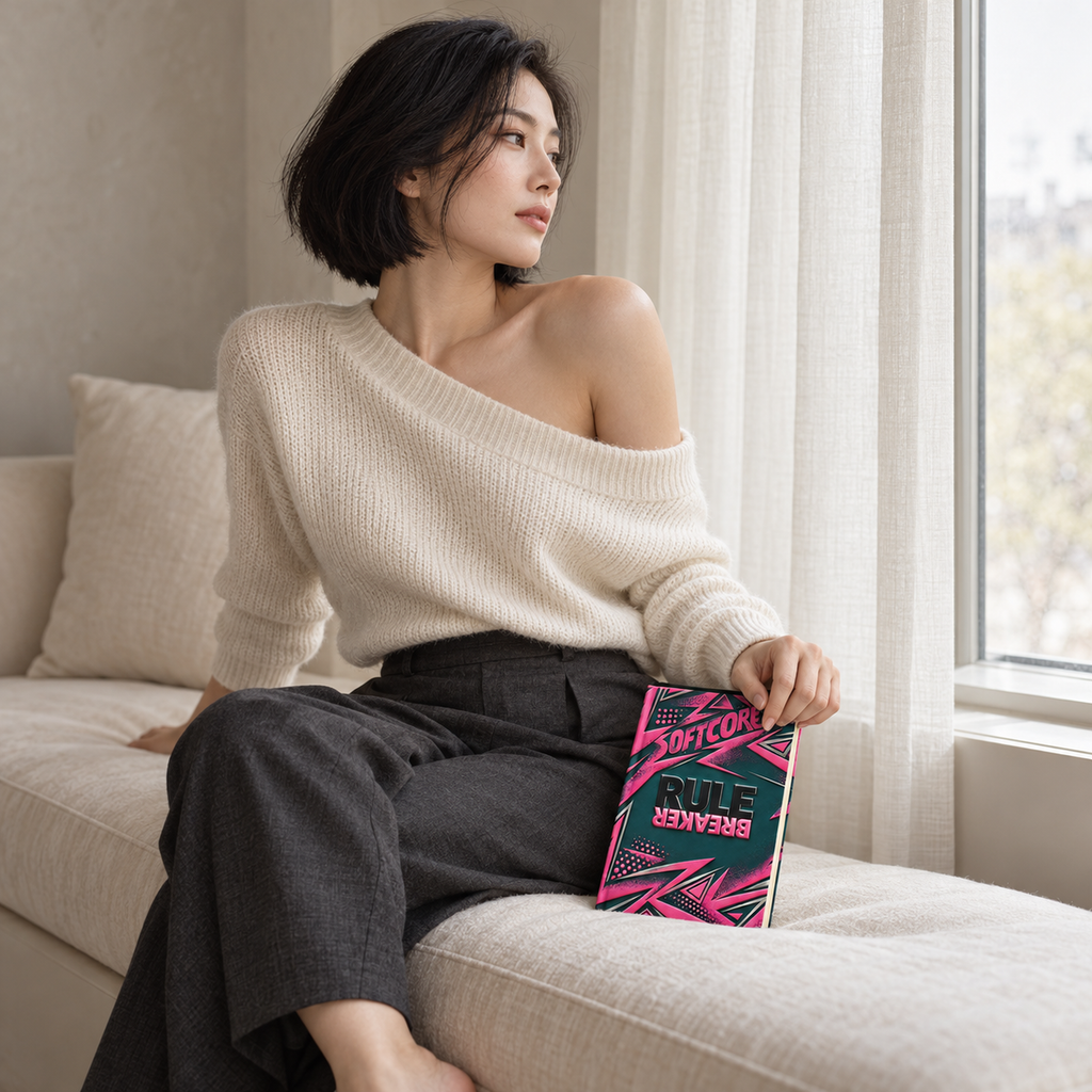 Rule Breaker journal in a candid writing scene at an ivory window seat.
