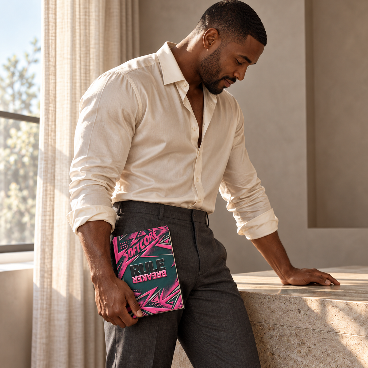 Rule Breaker journal in a candid creative working scene at a stone desk.
