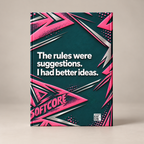 Back cover of the Rule Breaker matte hardcover journal on warm greige, showing the printed quote and geometric artwork.