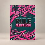 Front view of the Rule Breaker matte hardcover journal on a warm greige background, showing teal and pink printed geometric artwork and upside-down BREAKER lettering.