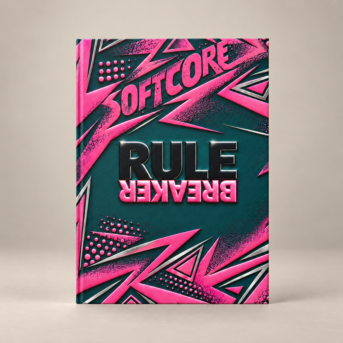 Front view of the Rule Breaker matte hardcover journal on a warm greige background, showing teal and pink printed geometric artwork and upside-down BREAKER lettering.