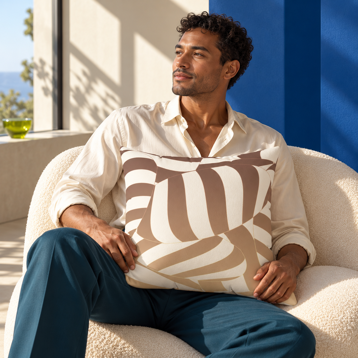 An adult man in ivory and petrol tailoring seated in a sunlit chair with a Bare Rhythm faux suede pillow.