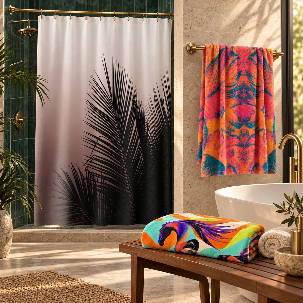 Bathroom with Shower curtain, hand towel and beach towel