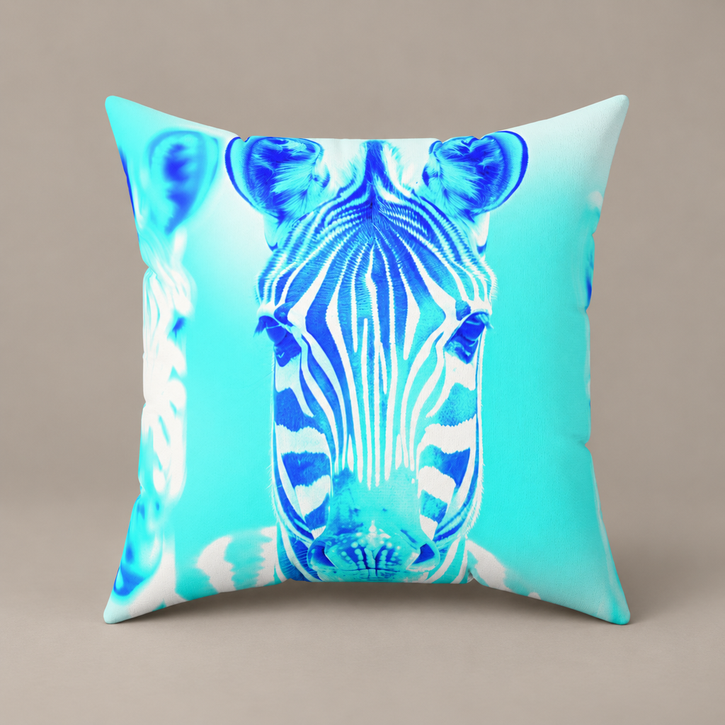 Blurred Lines faux-suede pillow with blue zebra artwork against aqua on a warm greige studio surface.