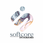 Softcore Interiors wordmark beneath a white, lilac, gray, and gold marble-pattern monogram.