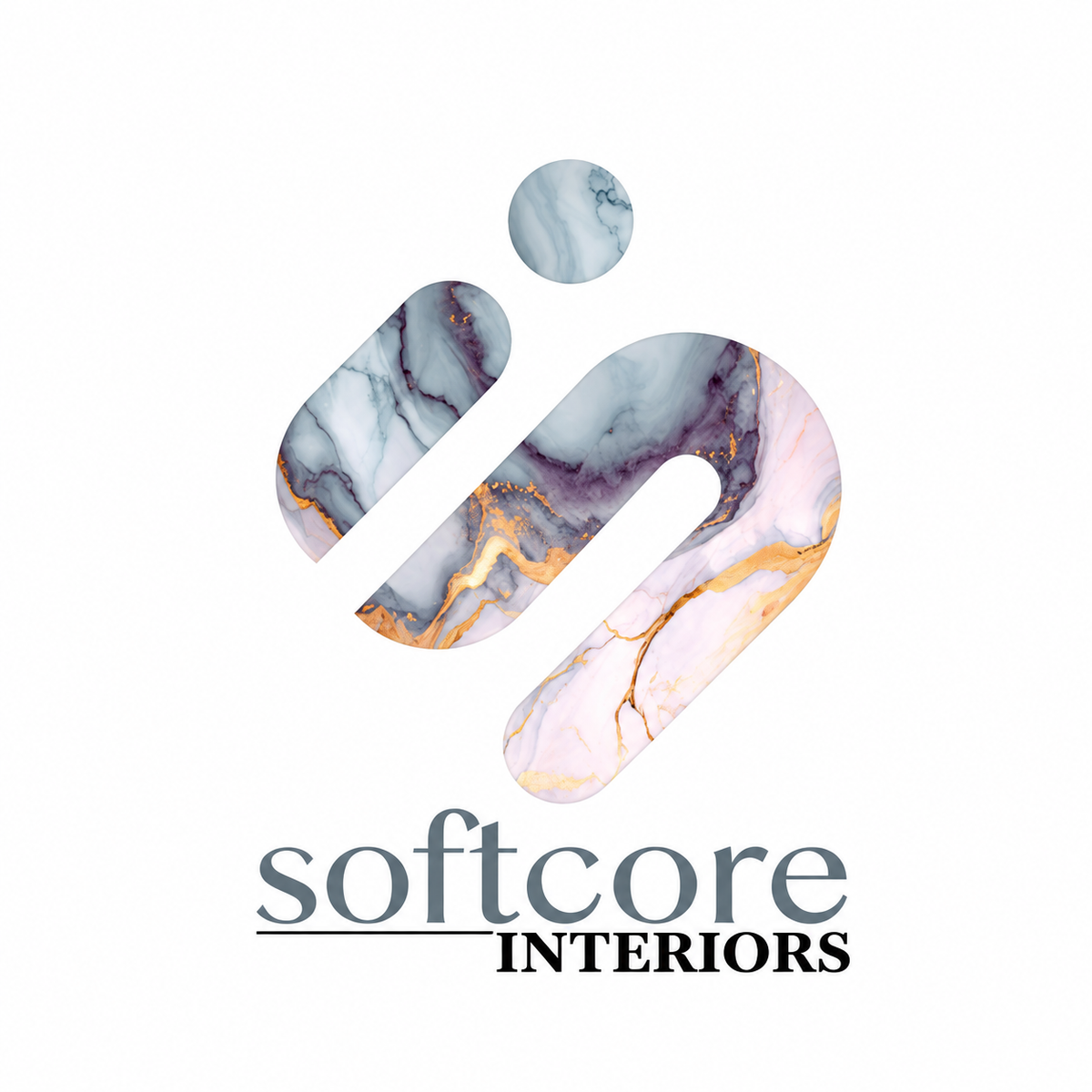 Softcore Interiors wordmark beneath a white, lilac, gray, and gold marble-pattern monogram.