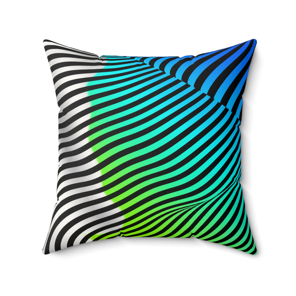 Large square Moodwave pillow with black curved stripes flowing through blue, turquoise, green, and white.