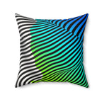 Large square Moodwave pillow with black curved stripes flowing through blue, turquoise, green, and white.