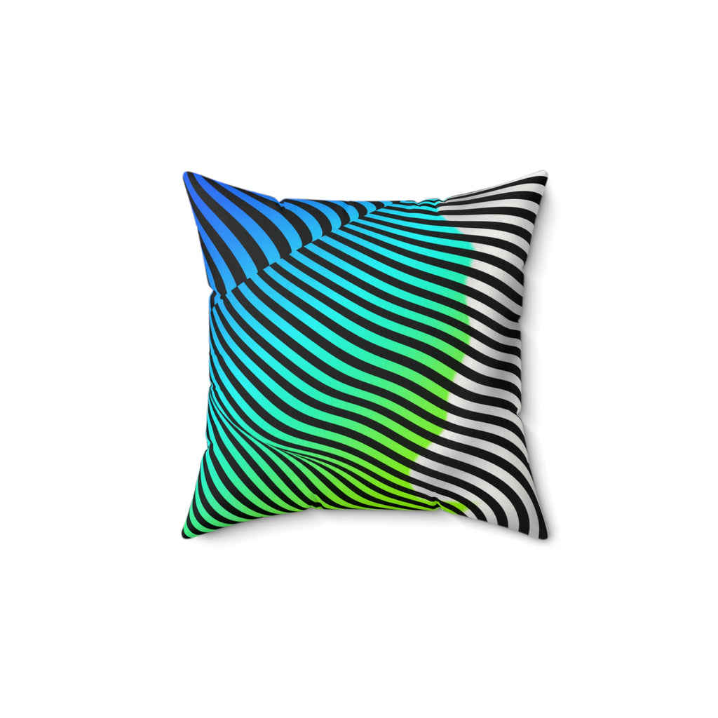 Square Moodwave pillow with black curved stripes flowing through blue, turquoise, green, and white.
