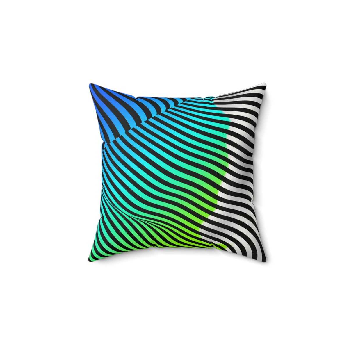 Square Moodwave pillow with black curved stripes flowing through blue, turquoise, green, and white.