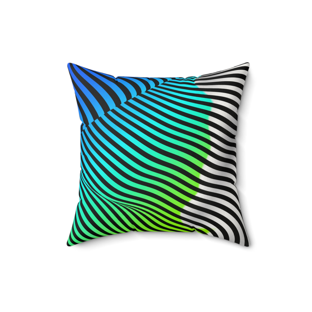 Square Moodwave pillow with blue, turquoise, green, black, and white curved stripes, angled slightly left.