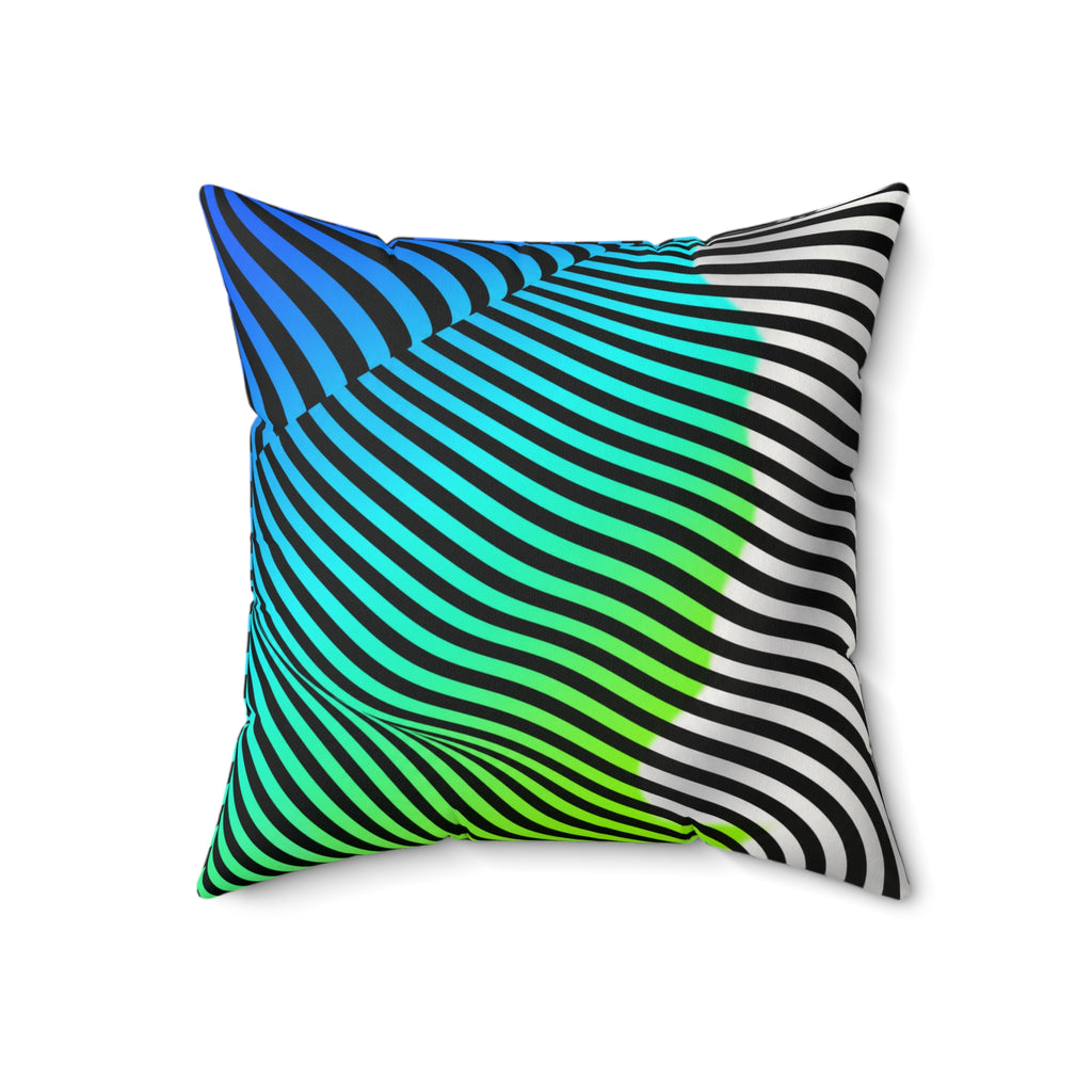Square Moodwave pillow with blue, turquoise, green, black, and white curved stripes, angled slightly right.