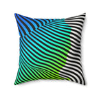 Large square Moodwave pillow with blue, turquoise, green, black, and white curved stripes.