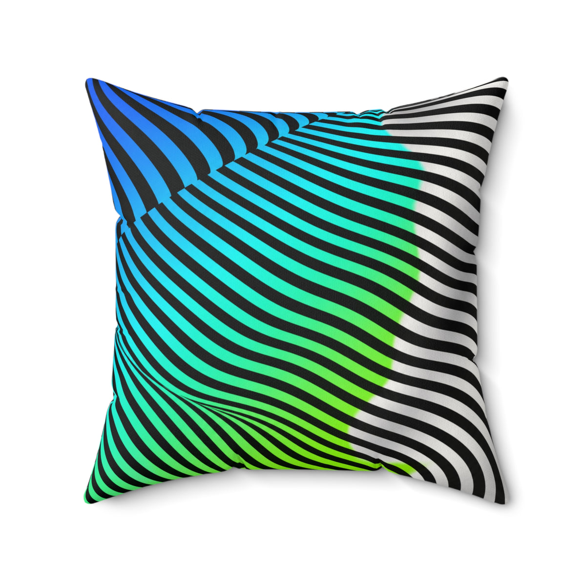 Large square Moodwave pillow with blue, turquoise, green, black, and white curved stripes.