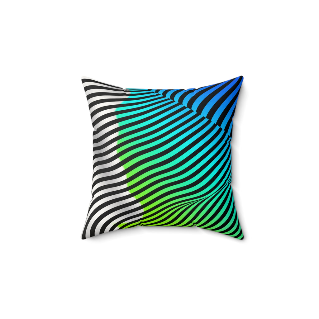 Small square Moodwave pillow with blue, turquoise, green, black, and white curved stripes.