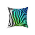 Medium square Moodwave pillow with blue, turquoise, green, black, and white curved stripes.