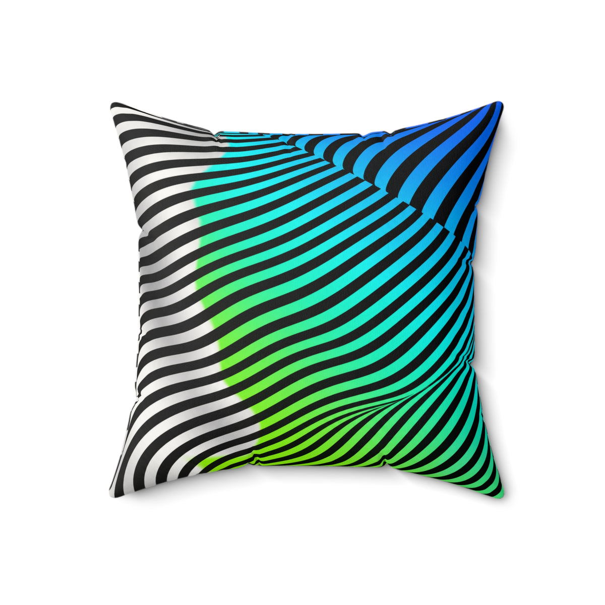 Large square Moodwave pillow with blue, turquoise, green, black, and white curved stripes.