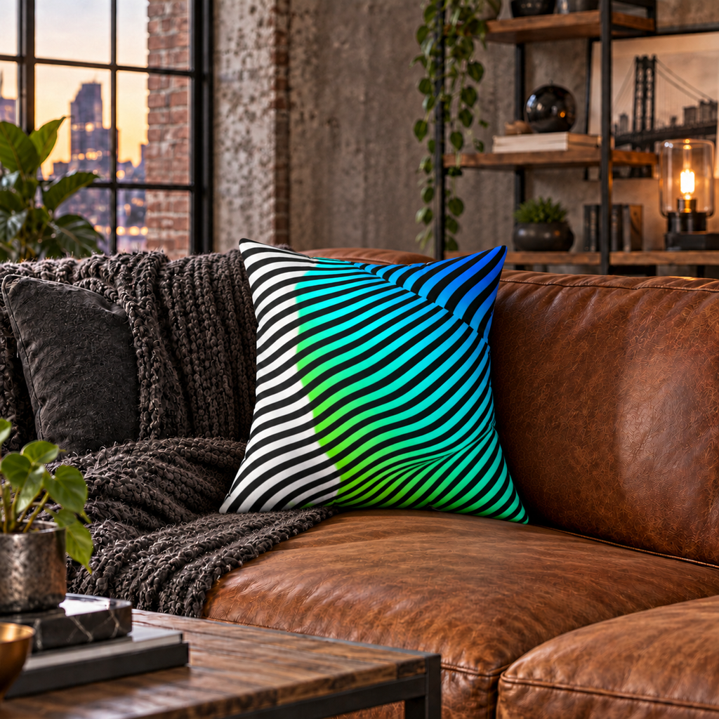 Moodwave pillow with blue, turquoise, green, black, and white curved stripes on a brown leather sofa.