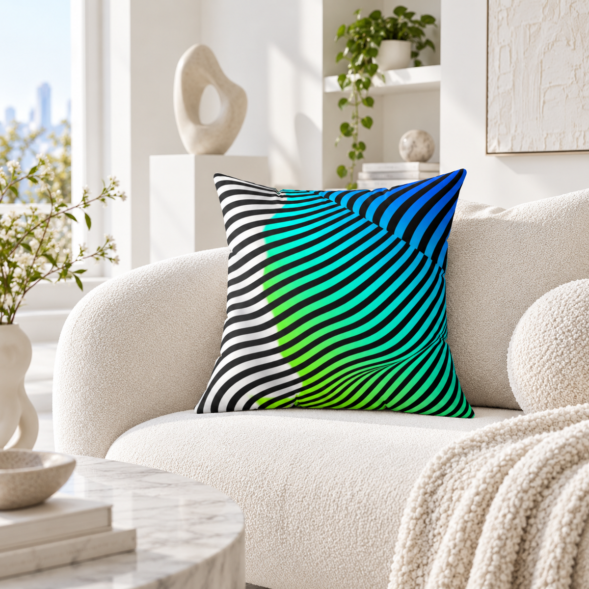 Moodwave pillow with blue, turquoise, green, black, and white curved stripes on a cream armchair.