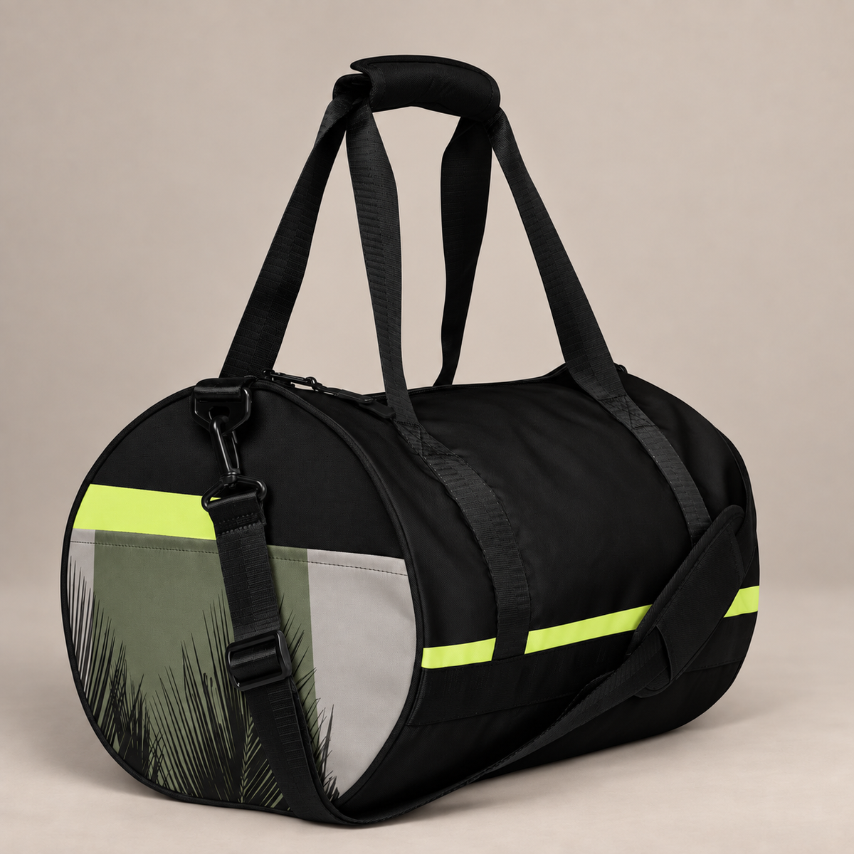 Black Softcore Burn gym duffle bag with a neon yellow-green side panel and a gray botanical pocket.