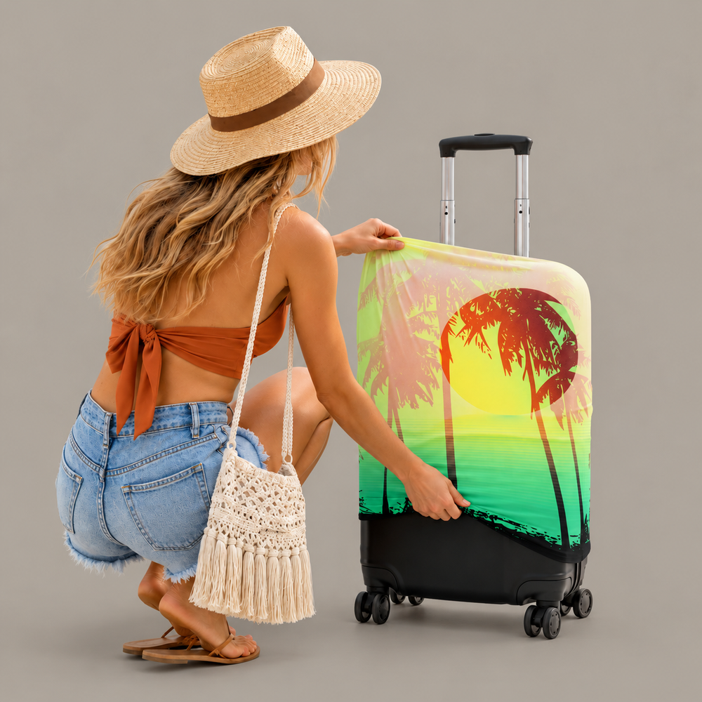 The Tropic Heir - Luggage Cover, product image on a warm greige studio background.
