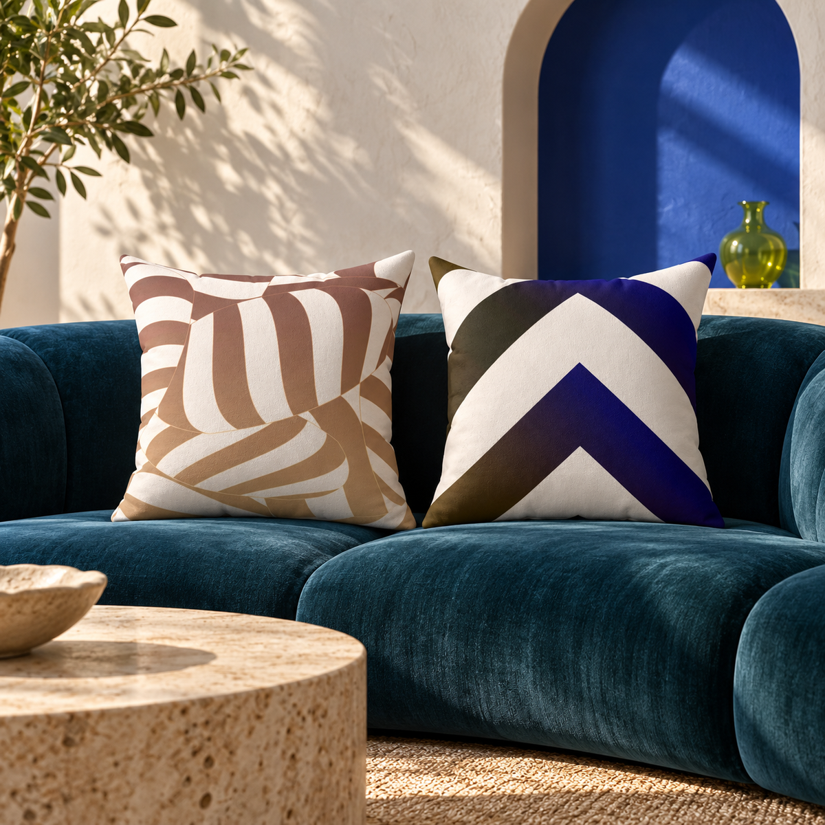 Bare Rhythm and Aural Vector faux suede pillows on a petrol sofa in a sunlit room with an electric-blue alcove.