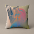Sculpted to Soar square faux-suede pillow with muted figurative artwork on a warm greige studio surface.