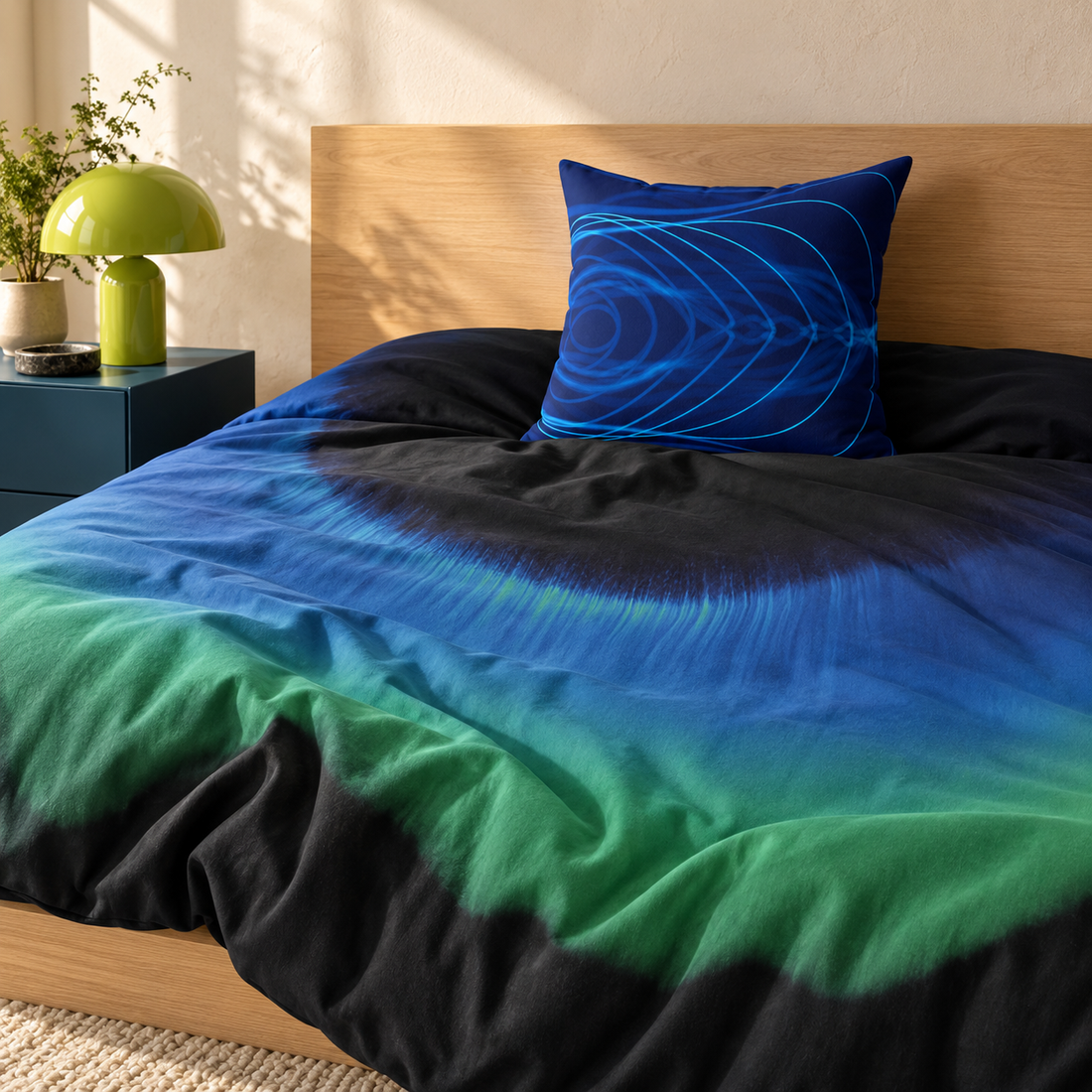 Magnetic Field blue-green duvet and Electric Field Trip blue pillow styled beside a lime lamp and pale oak headboard.