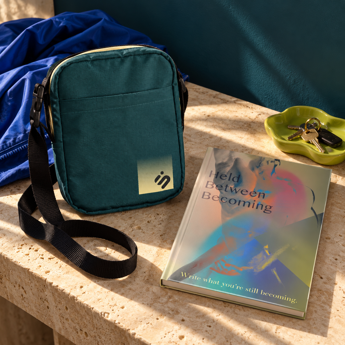 No Reception dark teal crossbody bag and Held Between Becoming journal on a sunlit console with a blue jacket and lime key dish.