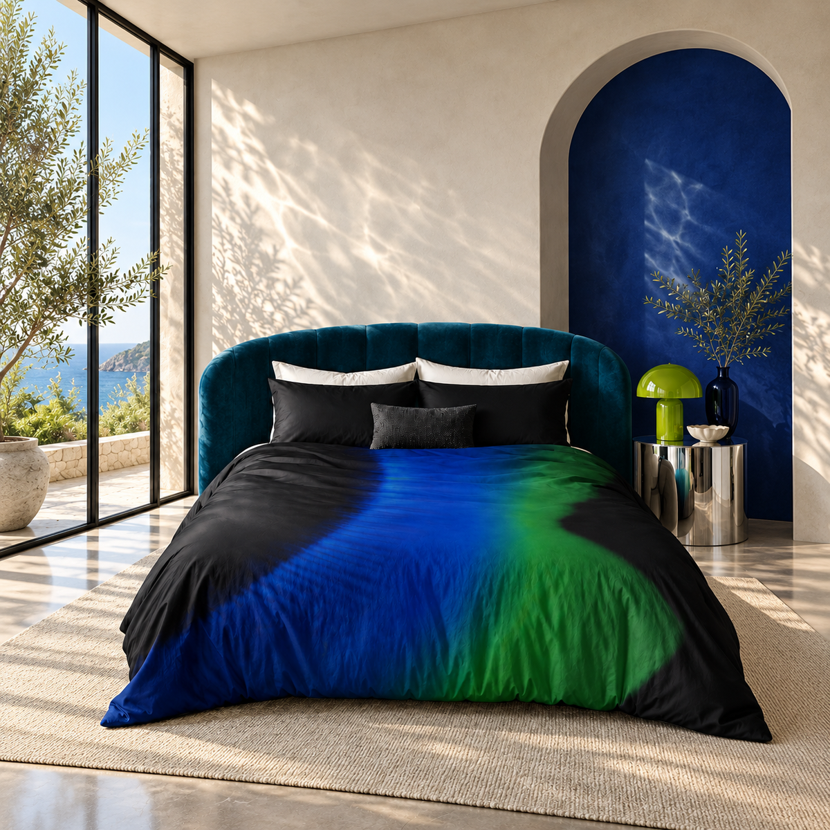 Magnetic Field blue-green-and-black duvet in a sunlit bedroom with a teal headboard, cobalt alcove, and lime lamp.