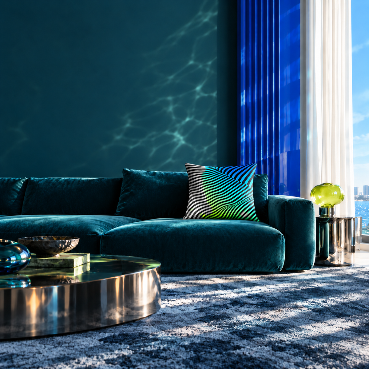 Moodwave art pillow on a deep teal velvet sofa with cobalt architecture, chrome furniture, and a lime glass lamp.