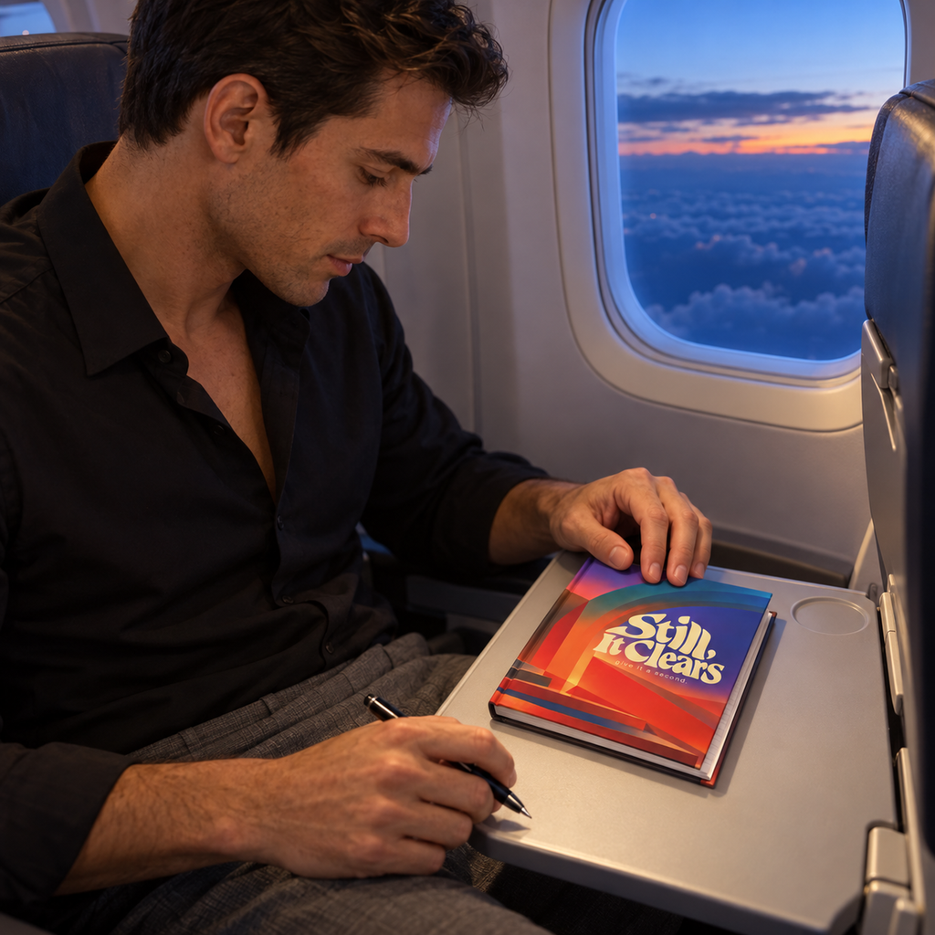 Still, It Clears hardcover journal during a blue-hour flight