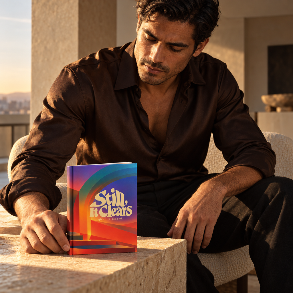 Still, It Clears hardcover journal held by a man in dawn light