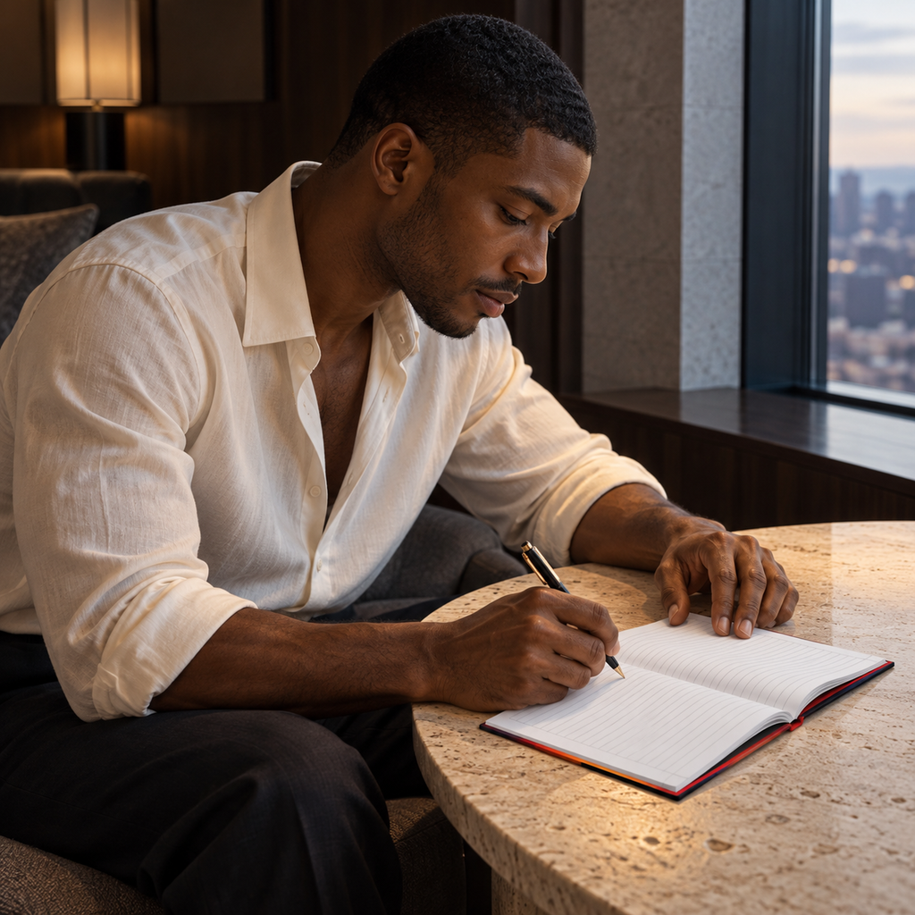 Writing in the lined pages of Still, It Clears journal